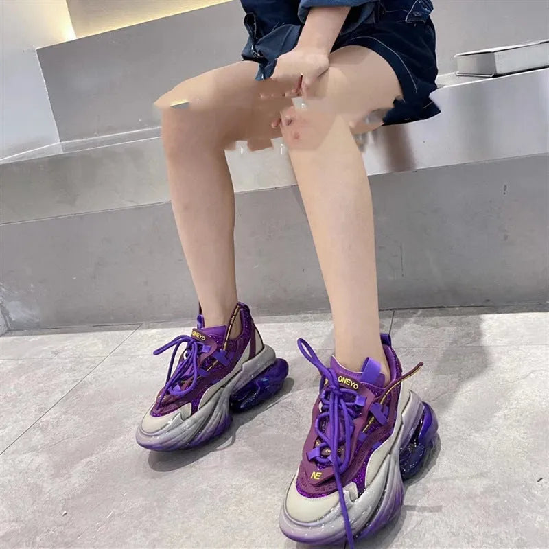 Women's leather casual sports shoes with thick jelly soles and cross-tie design in multiple colour options