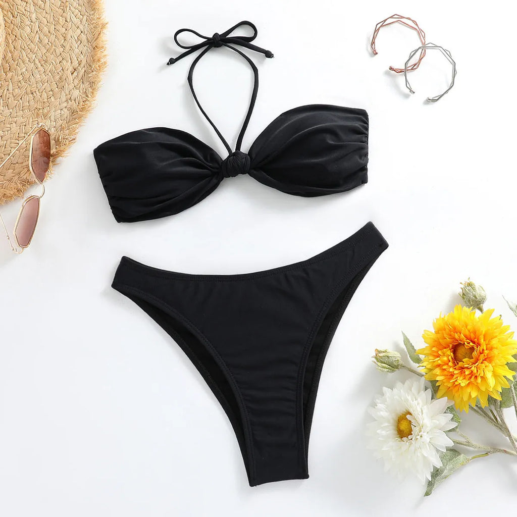Black women's polyester bikini set with lace-up tube top and briefs swimwear
