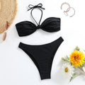 Black women's polyester bikini set with lace-up tube top and briefs swimwear