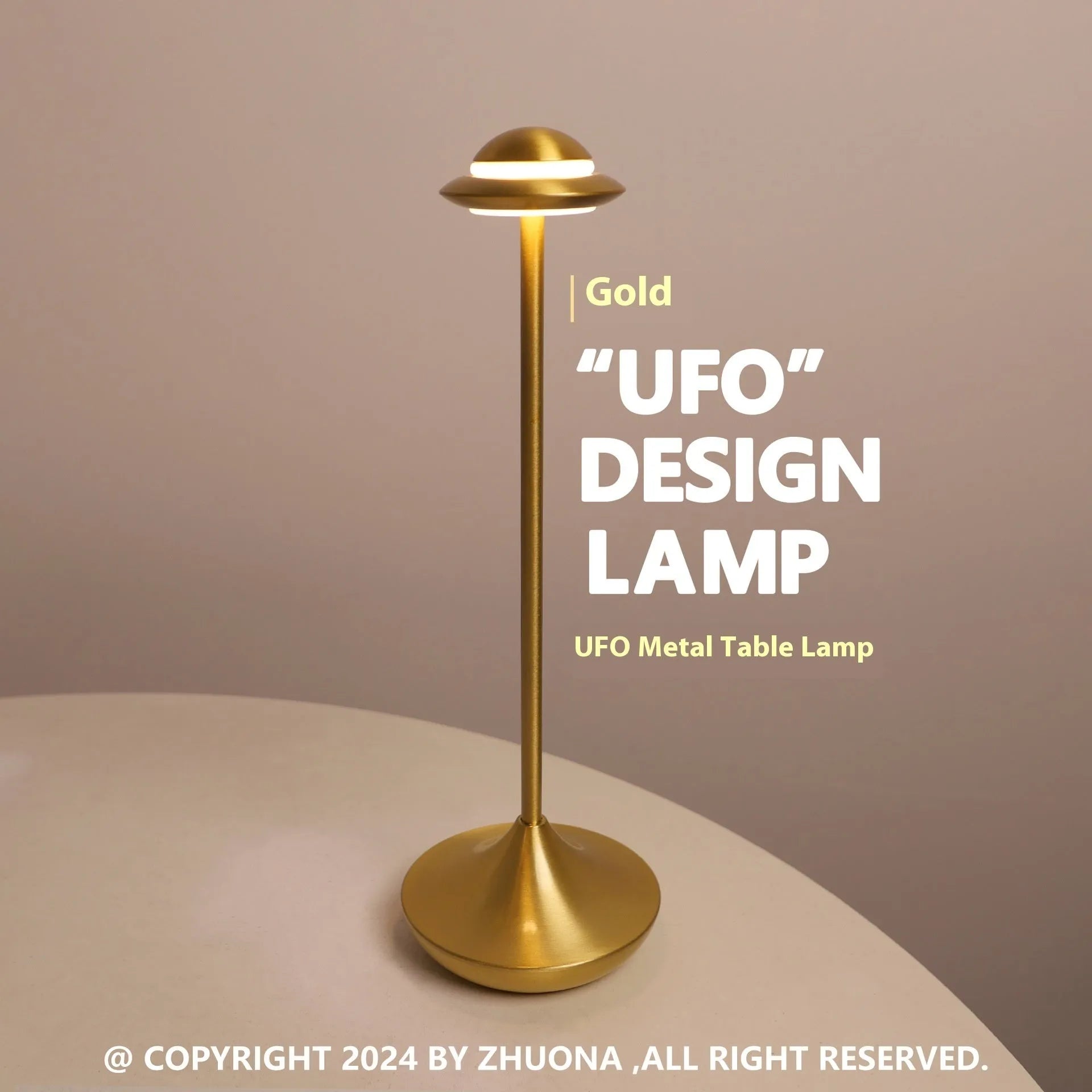 Metal UFO table lamp with rechargeable battery and touch dimming controls in gold finish