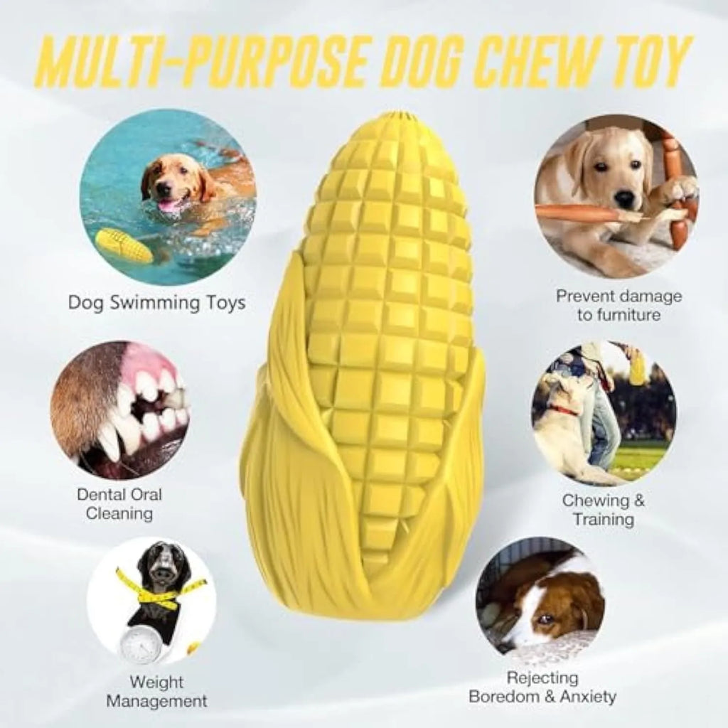 Blue and yellow corn-shaped durable dog chew toy with textured grooves for dental care.