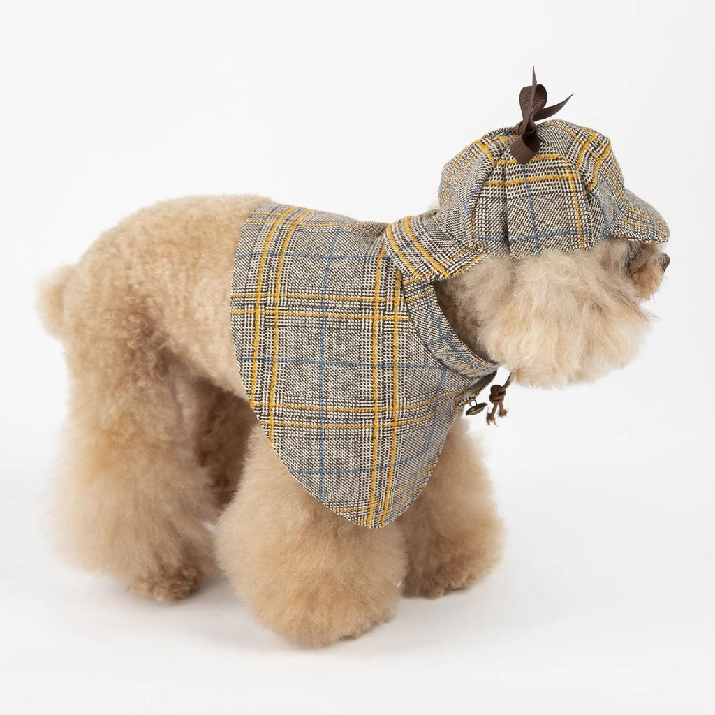 Camel-coloured detective suit style cotton cloak for pets with an adjustable hat.