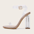 Apricot coloured women's high heel sandals with clear PVC glass heel and silver buckle closure on a round toe.