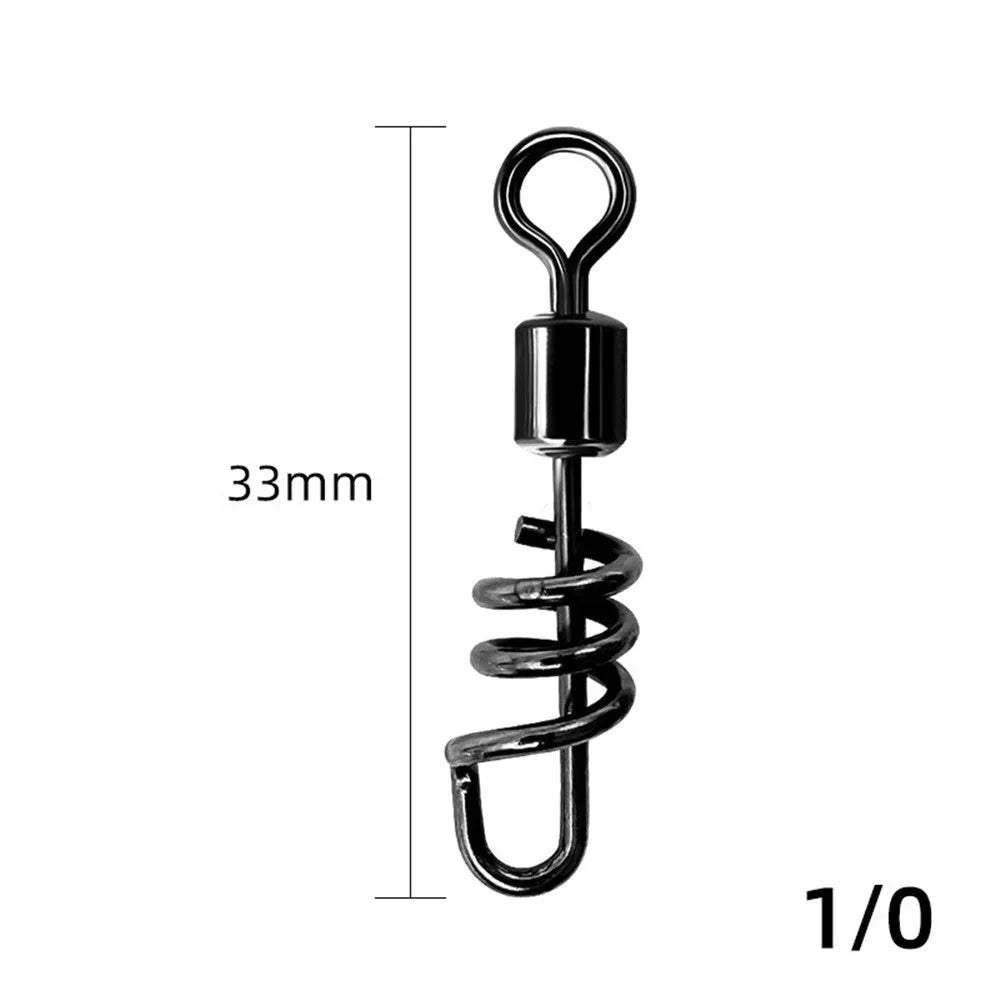 Copper and stainless steel 8-shaped fishing swivel connector in seven different sizes.