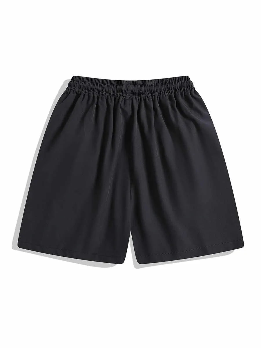 Black loose-fit sports shorts with elastic waistband and above-knee length for training
