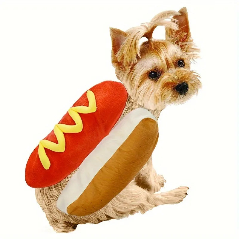 Brown and beige hot dog costume on a Dachshund dog, showing sausage-shaped design with warm lining.