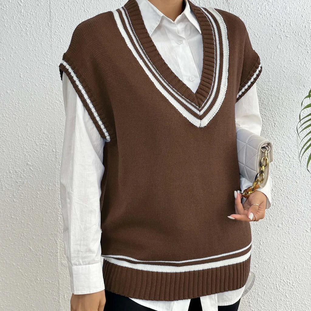 Women's casual acrylic vest sweater in loose fit with college-style design