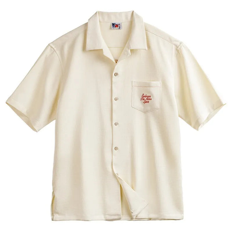 Men's light apricot bamboo pattern Cuban collar shirt with short sleeves