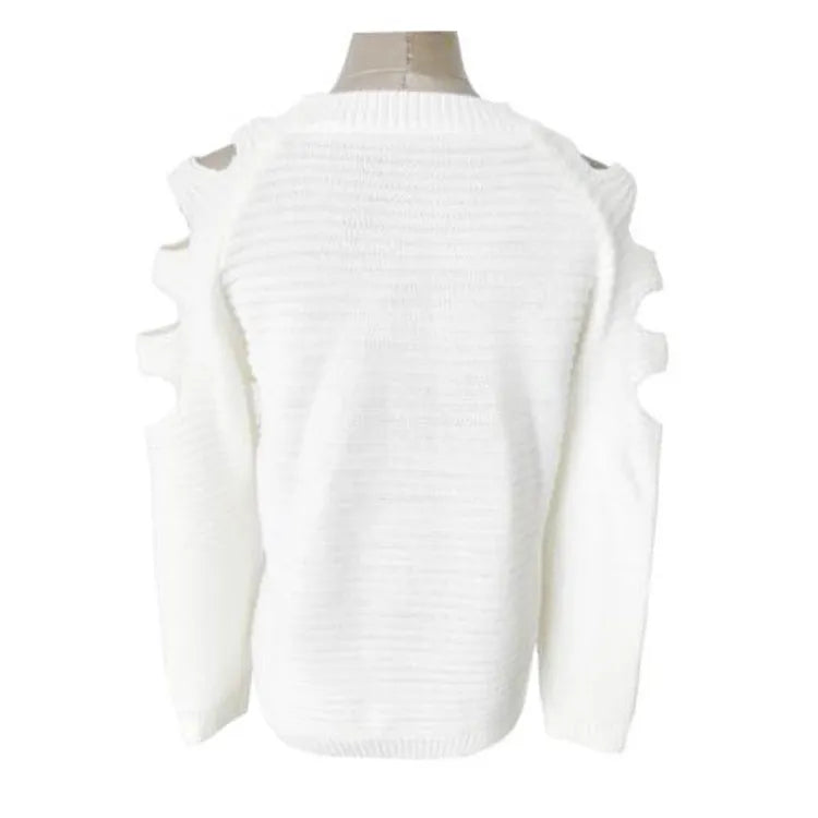 Women's grey solid colour pullover shirt with hollow-out crochet detail on long sleeves
