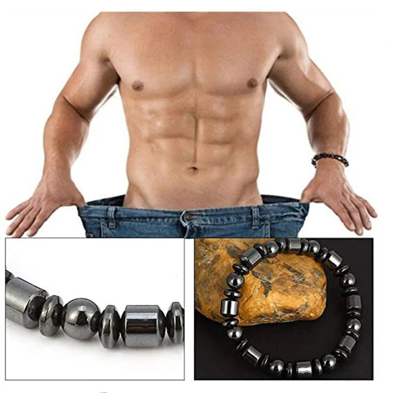 Black magnetic therapy bracelet with pentagram stone, magnetite and hematite construction, stretch design