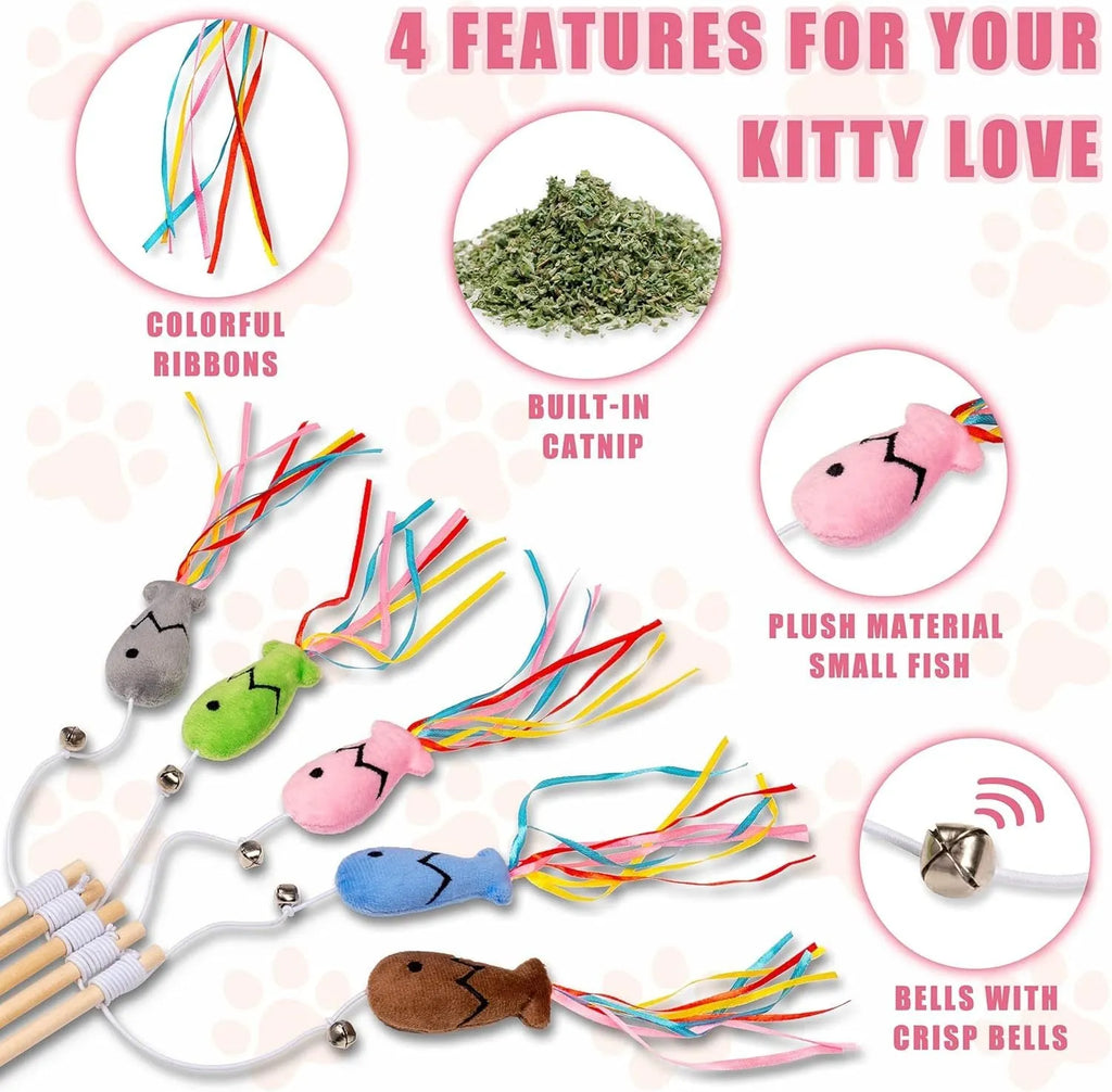 Cat wand toy with colourful ribbons, catnip fish attachment, and bell on wooden handle