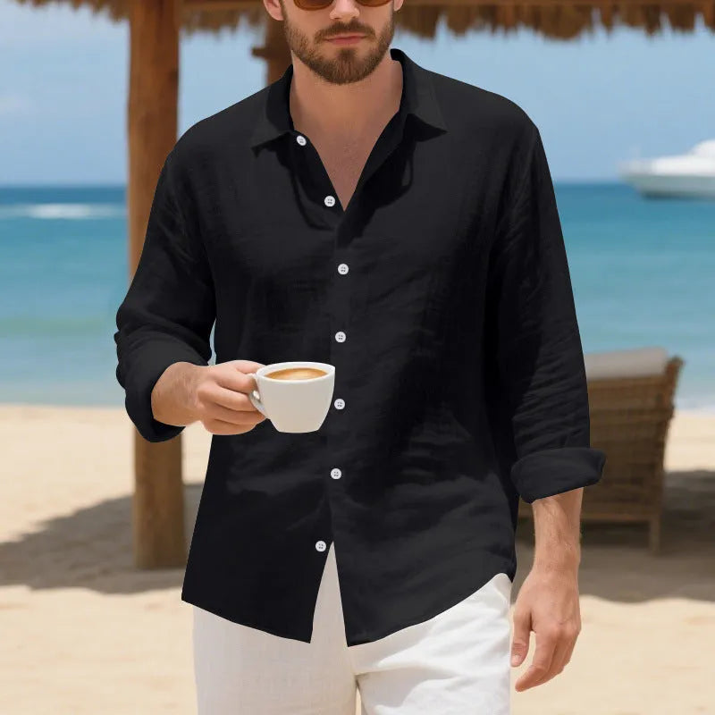 Linen Hawaiian casual shirt in American loose fit style with non-ironing feature