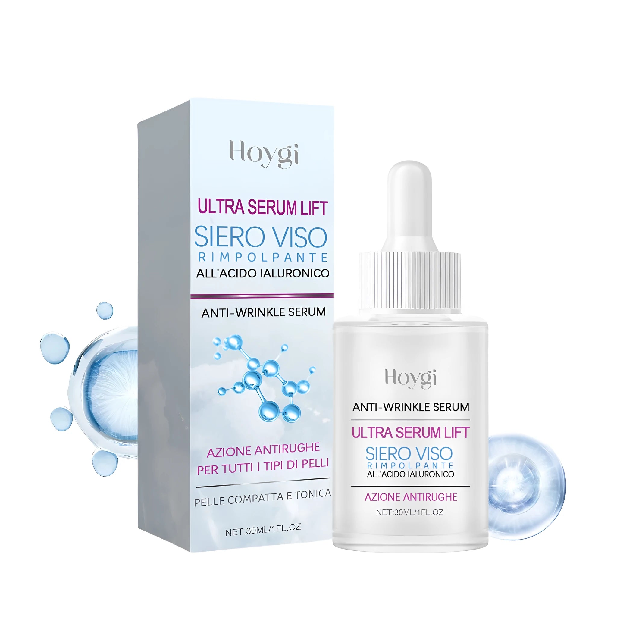 30 ml bottle of Hyaluronic Acid Anti Wrinkle Solution facial essence on a plain background.