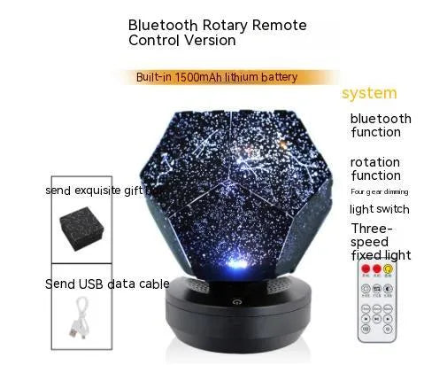 LED star projector night light showing constellation projection on a bedroom ceiling