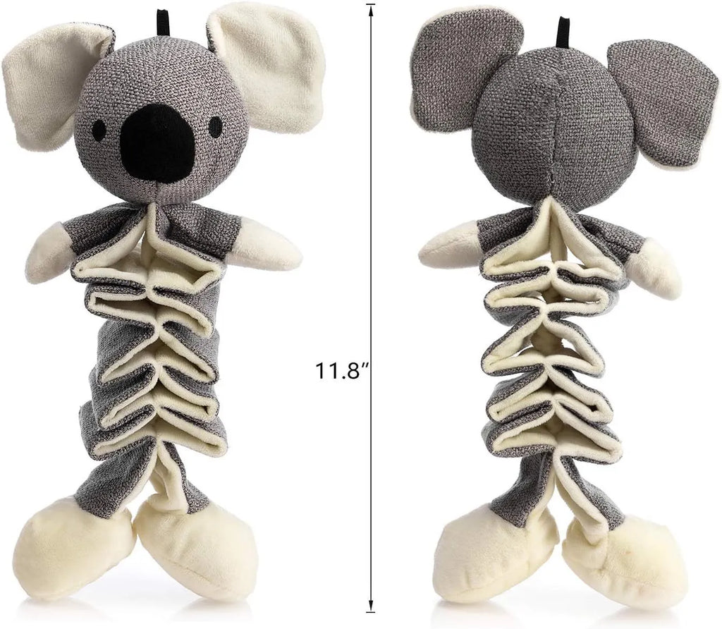 Grey koala squeaky dog toy with crinkle paper, measuring 30cm from head to foot