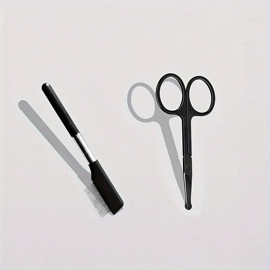 Black dual-sided pet grooming brush showing soft bristles for eyes on one end and a wider comb on the other