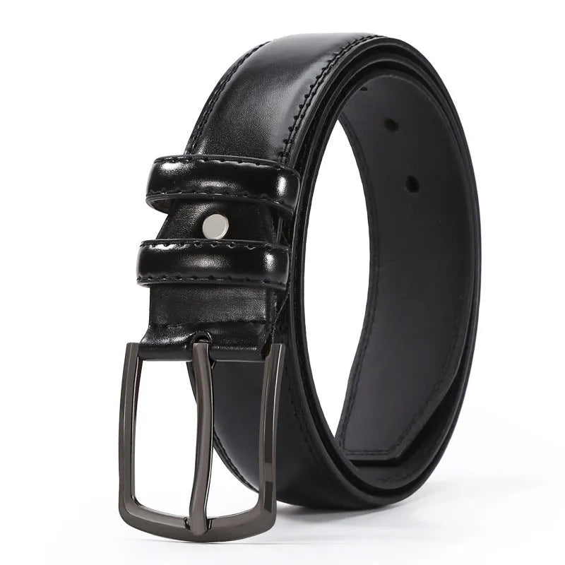 Men's business belt showing laser pattern detail with alloy pin buckle on imitation leather strap