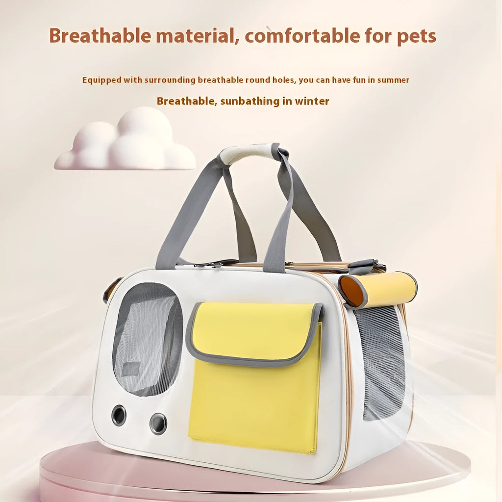 Canvas pet bag in yellow colour showing foldable single shoulder design for cat or small dog transport