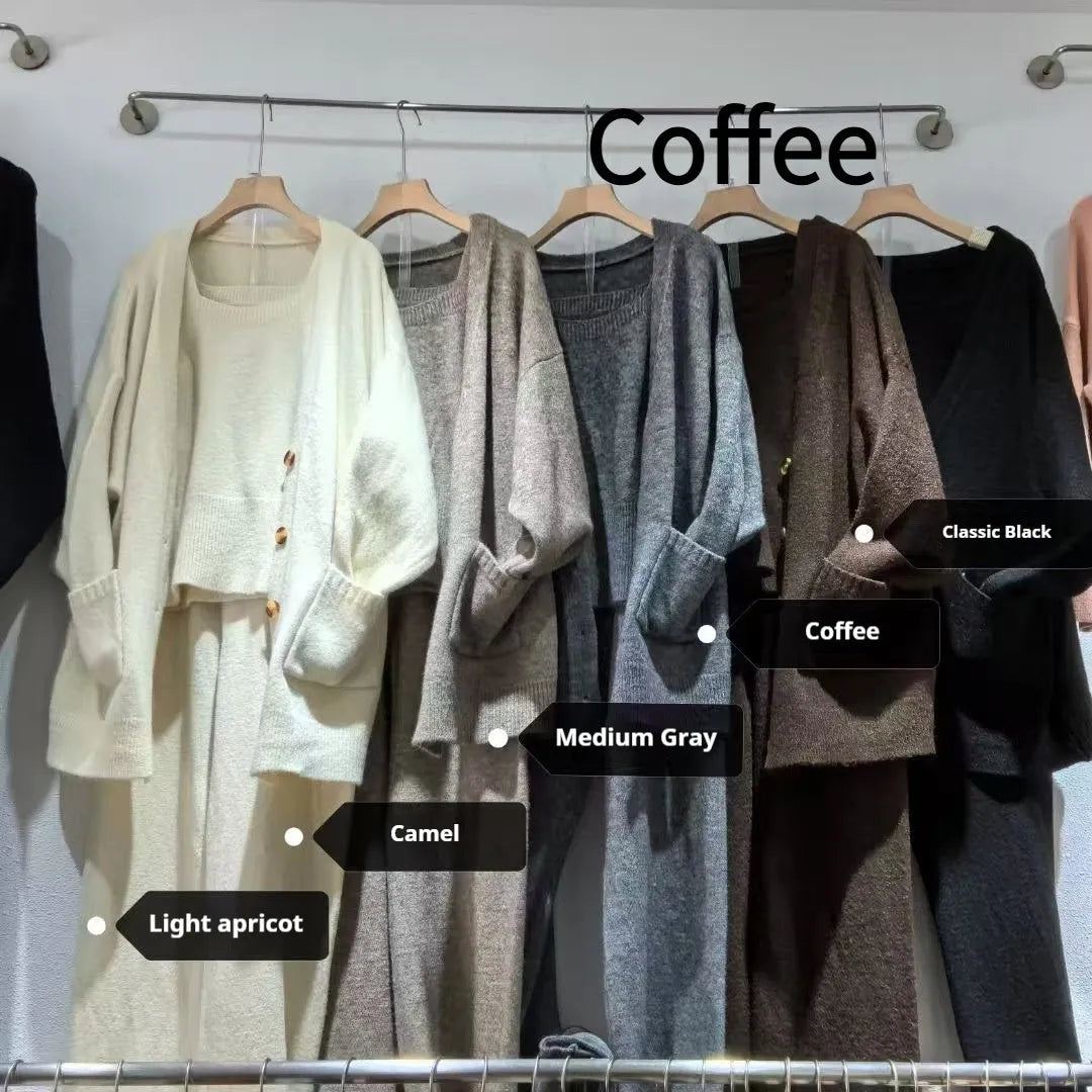 Women's knit cardigan suspender pants three-piece set in wool blend fabric, loose fit casual styling
