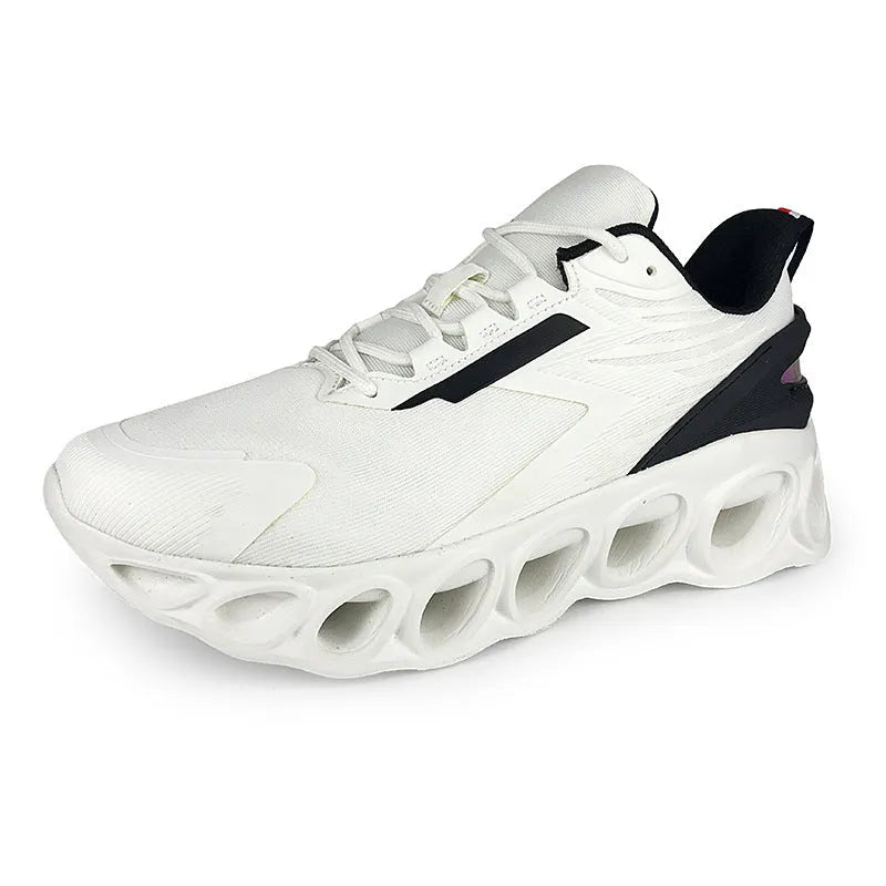 A pair of black low-top casual sports shoes with mesh upper and lace-up front.