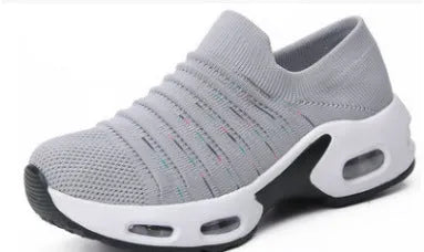 Plus size women's and men's stretch knit sock shoes in dark blue with fly-knit mesh upper.