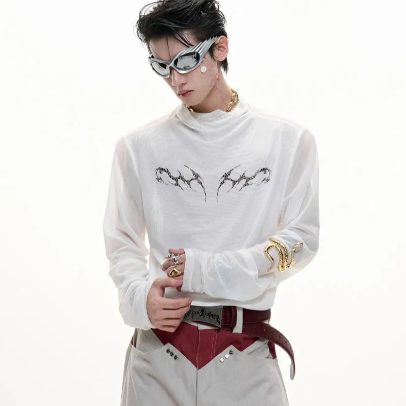 Man's black slim-fit long sleeve mesh shirt for gym wear and training.