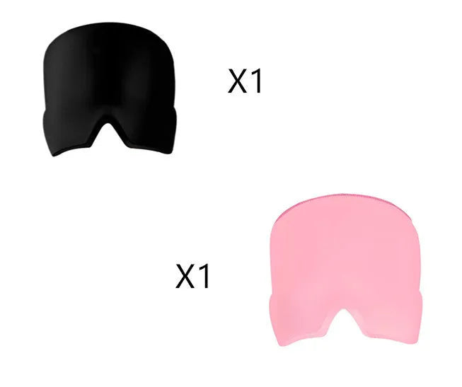 Black elastic cloth gel cold therapy eye mask for headache relief on grey background.