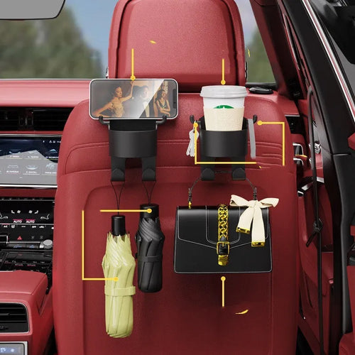 Black plastic car seat back organiser with cup holder and hook measuring 8.5cm wide
