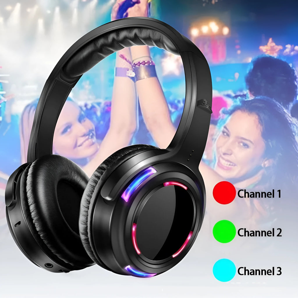 Black silent disco wireless headphones with 40mm speakers and 3-metre cable for party events