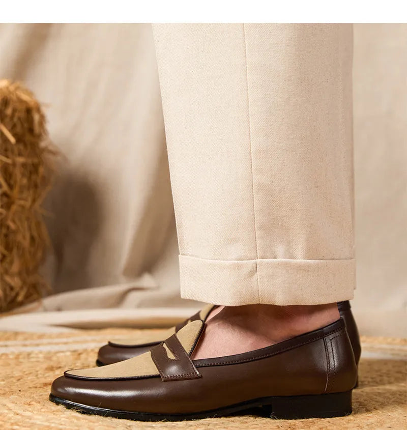 Coffee grey Belgian loafers with high-gloss suede leather uppers and rubber soles