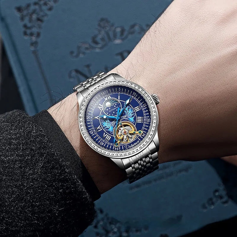 Men's stainless steel mechanical watch with round dial and transparent case back