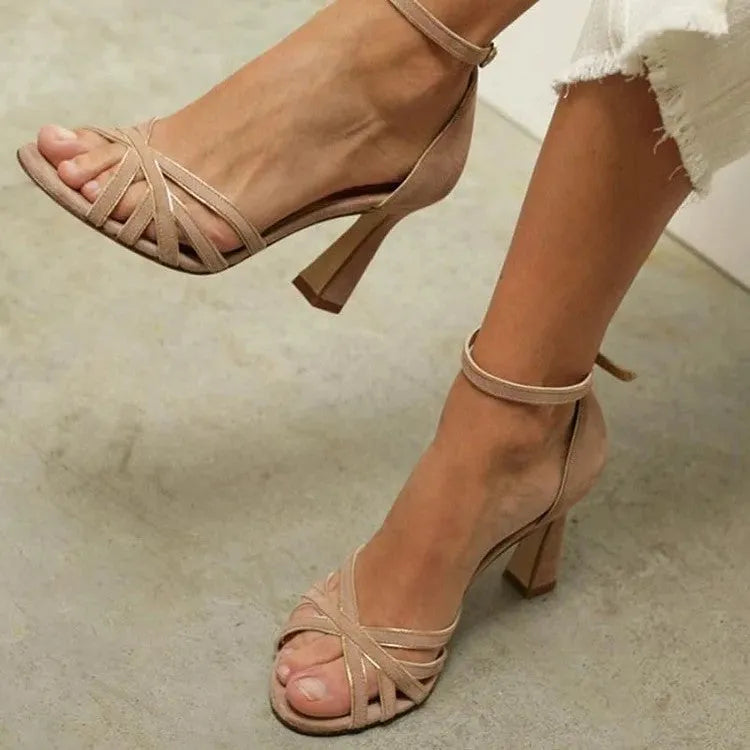 Apricot suede high heel sandals with fish mouth peep toe design and rubber sole