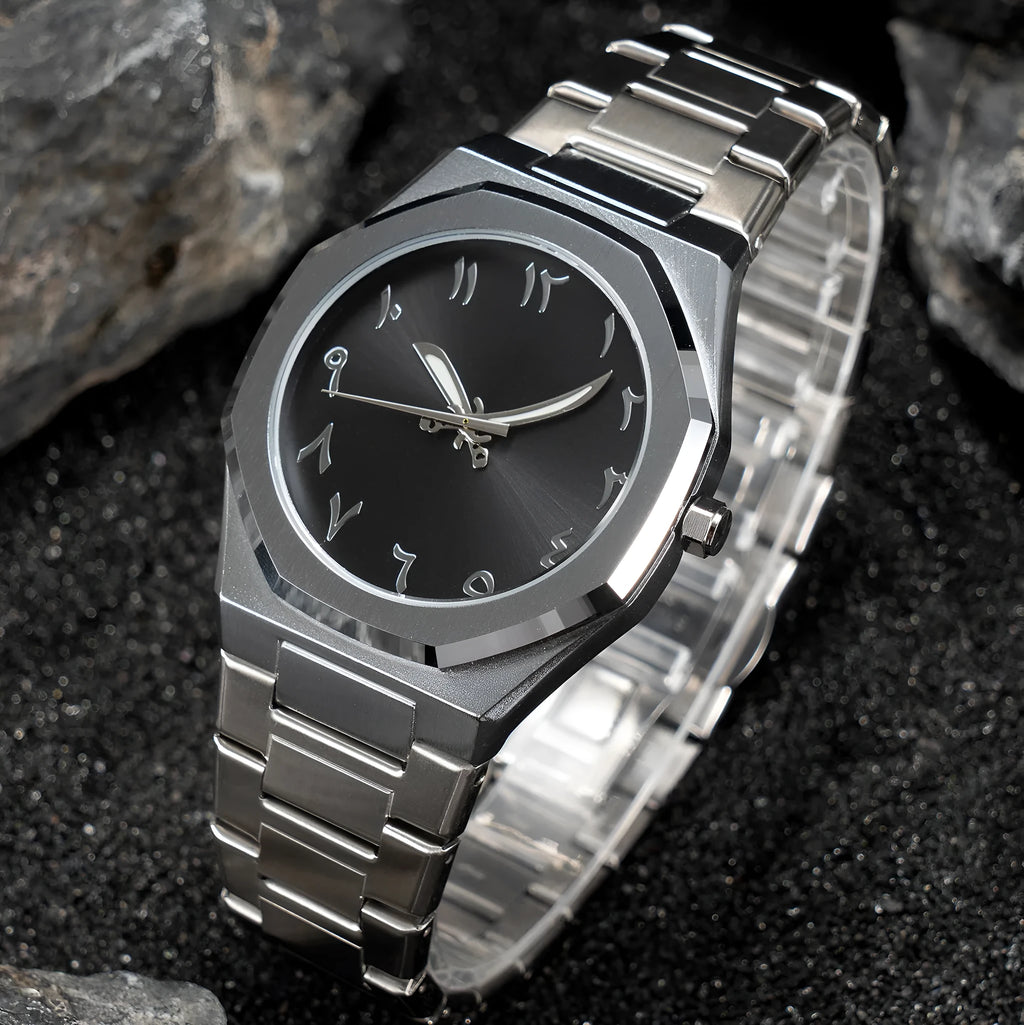 Men's stainless steel quartz watch with business casual design on a wrist, showing 10mm thickness