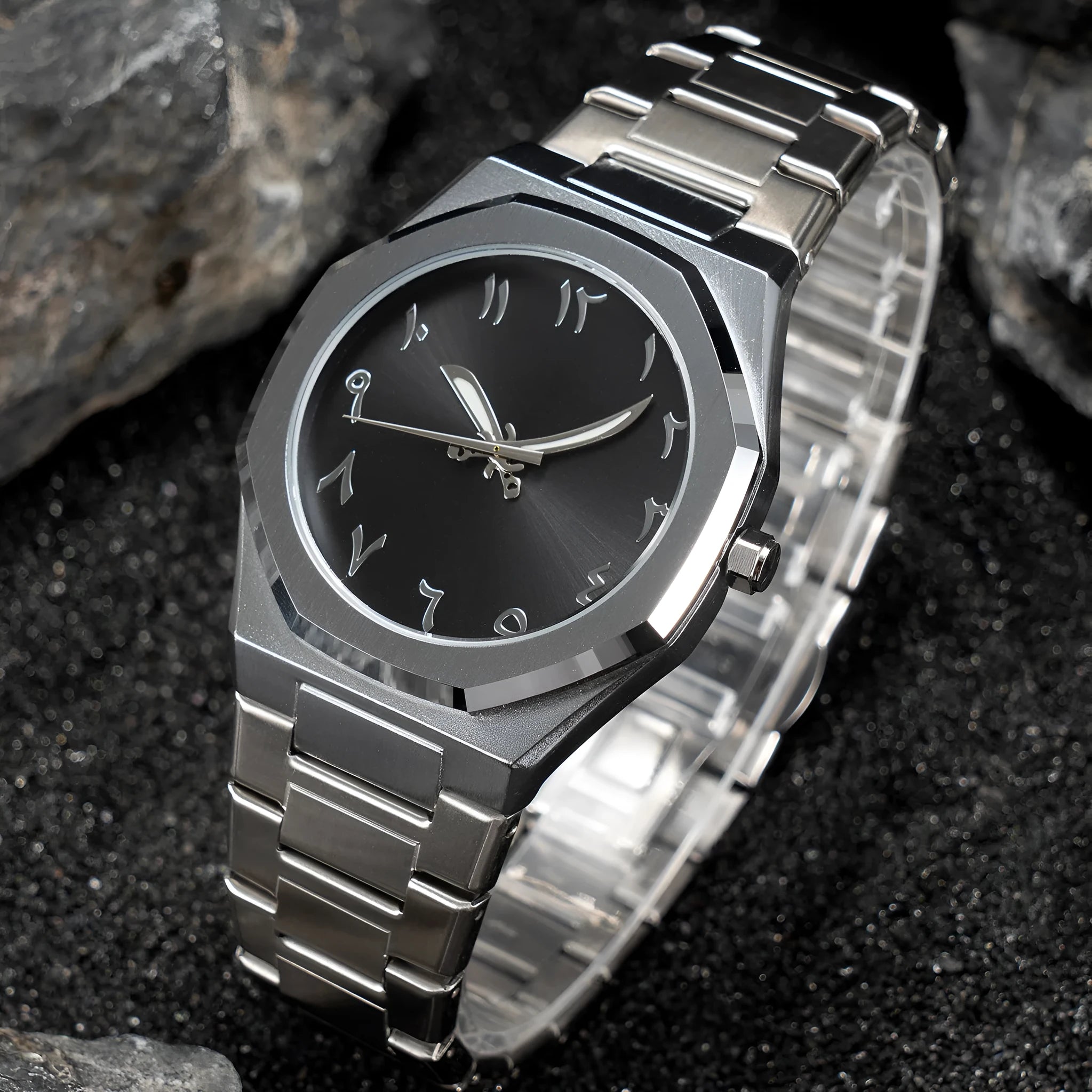 Men's stainless steel quartz watch with business casual design on a wrist, showing 10mm thickness