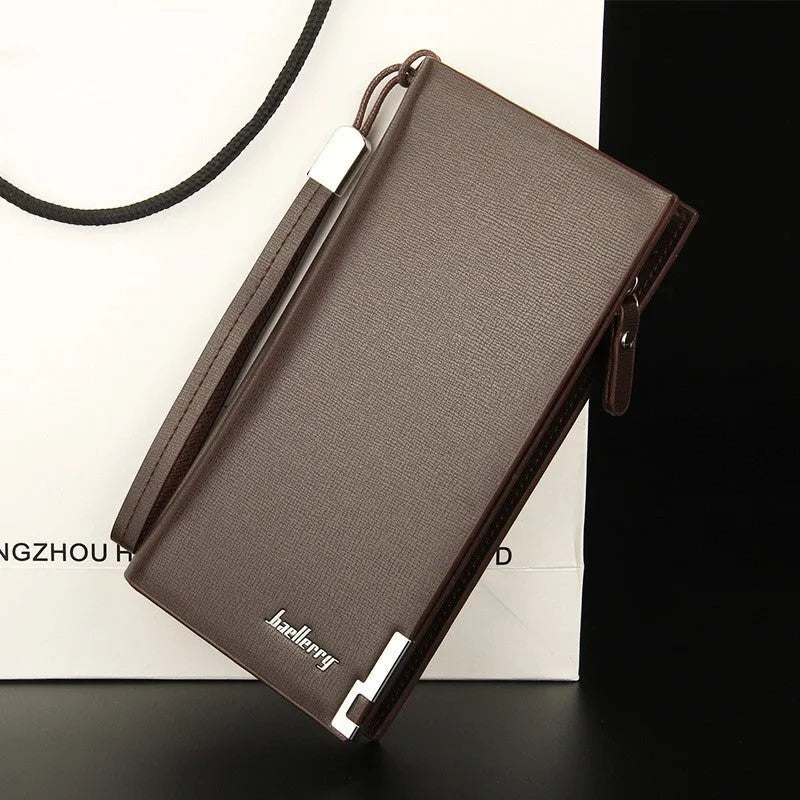 Men's black PU leather wallet with zipper closure showing seven card slots