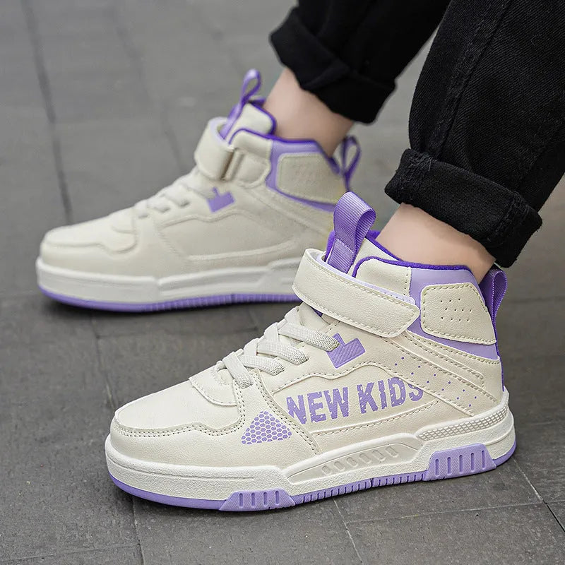 Children's street sneakers with letter pattern PU upper and rubber sole showing buckle closure