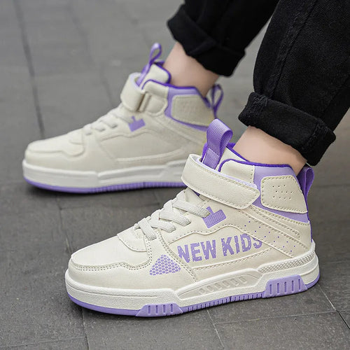 Children's street sneakers with letter pattern PU upper and rubber sole showing buckle closure