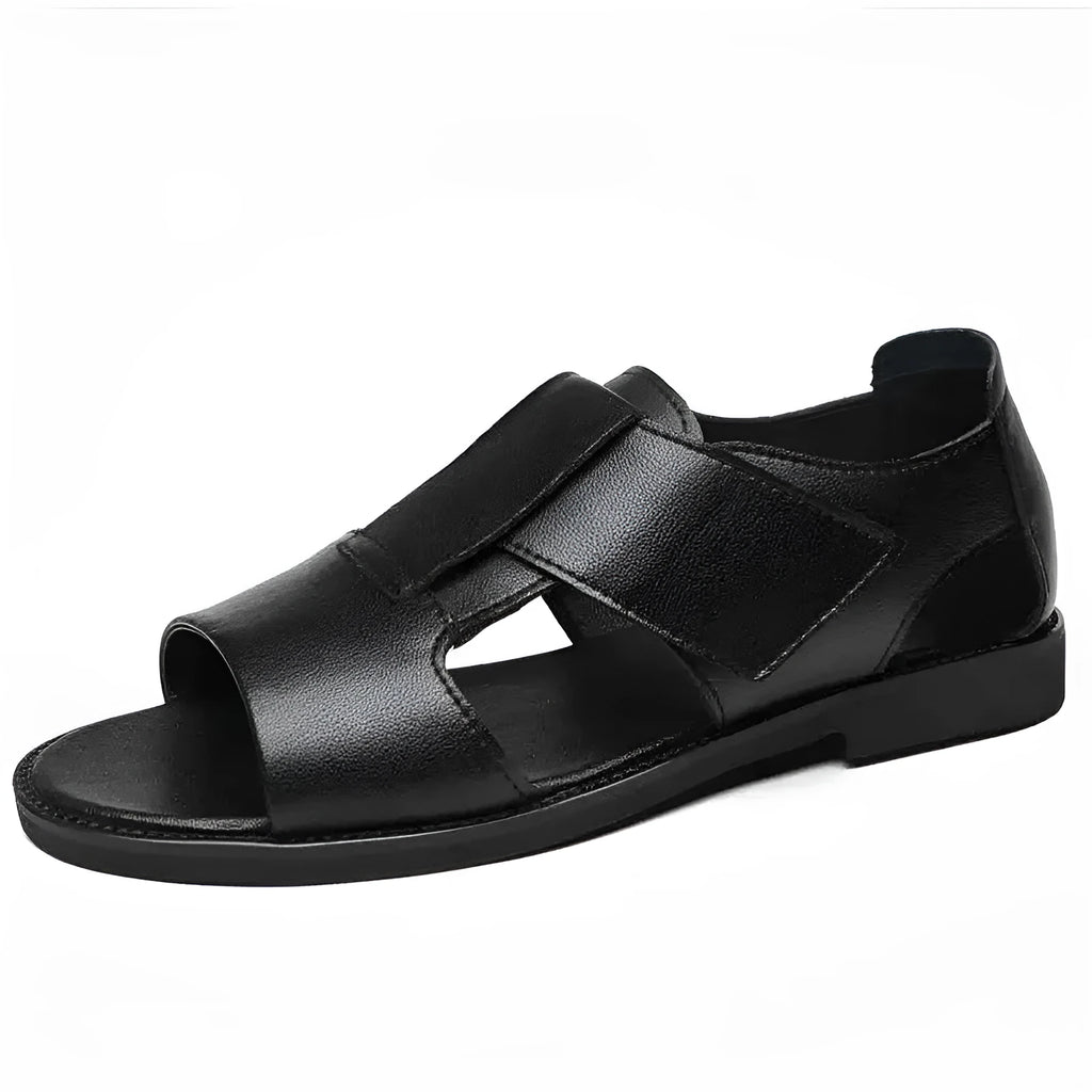 Men's black casual cowhide sandals with open toe and rubber sole