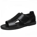 Men's black casual cowhide sandals with open toe and rubber sole