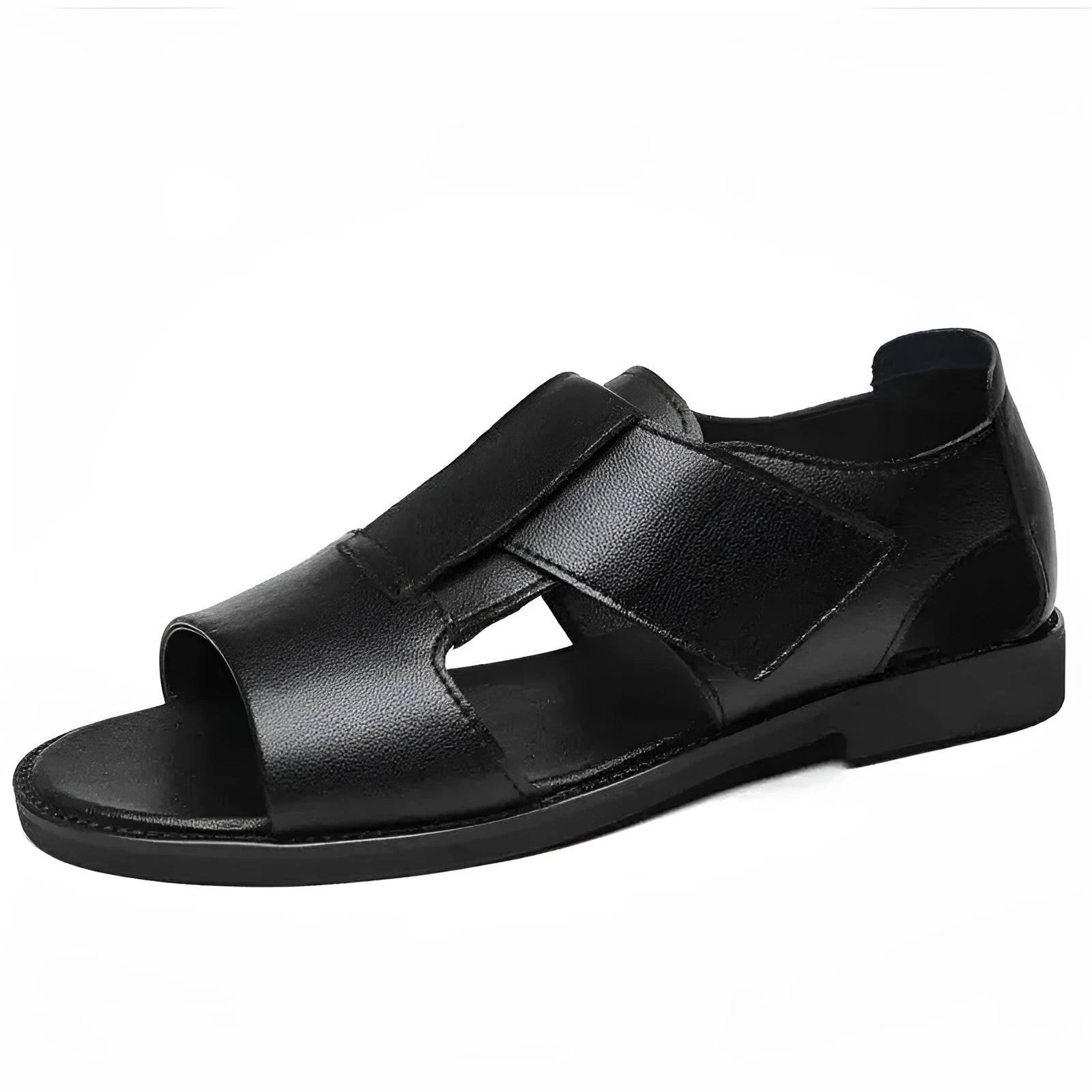 Men's black casual cowhide sandals with open toe and rubber sole