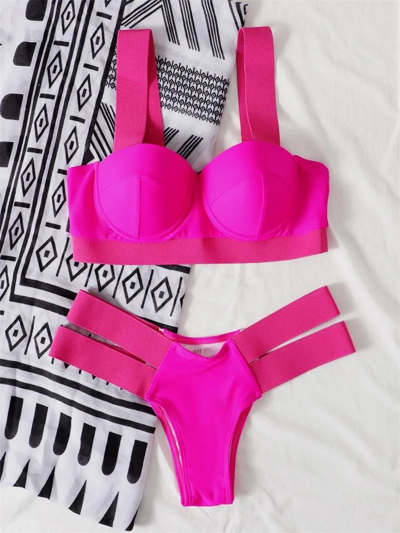 Women's black bikini with steel bracket push-up top and matching pants