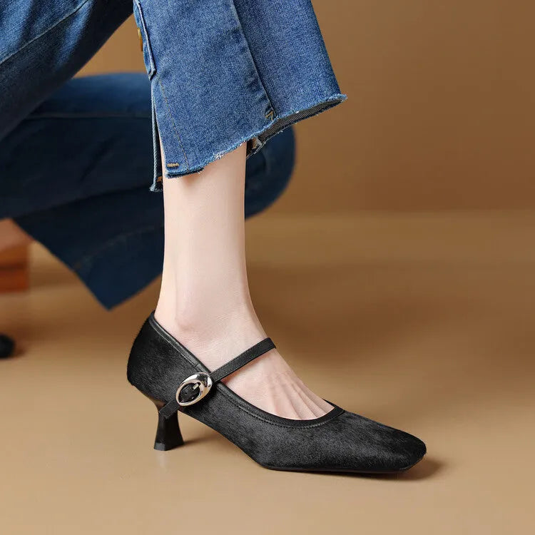 Women's black square toe stiletto heels with horse hair upper and ankle strap buckle.