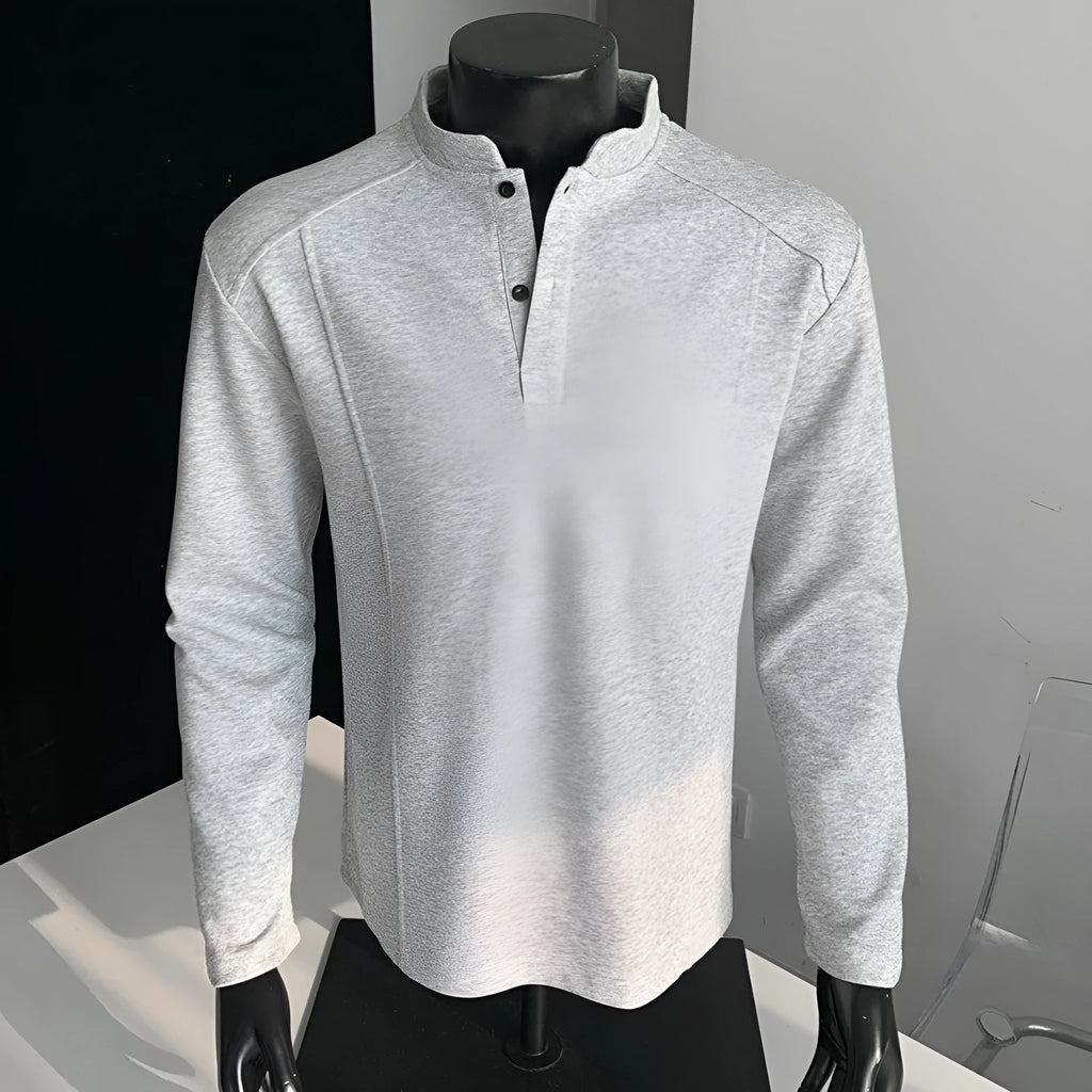 Men's loose fit asymmetric patchwork polo shirt with stand-up collar in heather gray.
