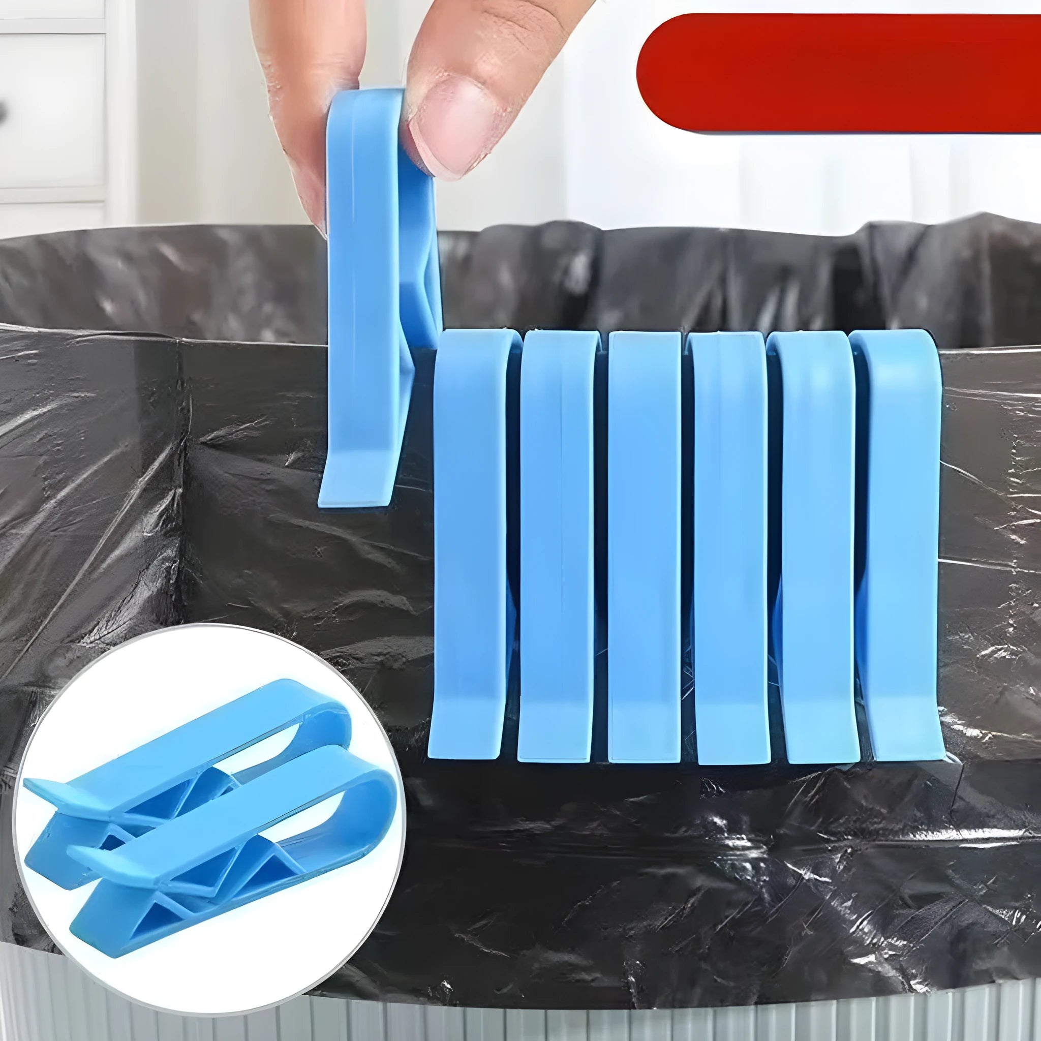 A white PP plastic clip designed to secure a bin bag to the side of a kitchen rubbish bin.