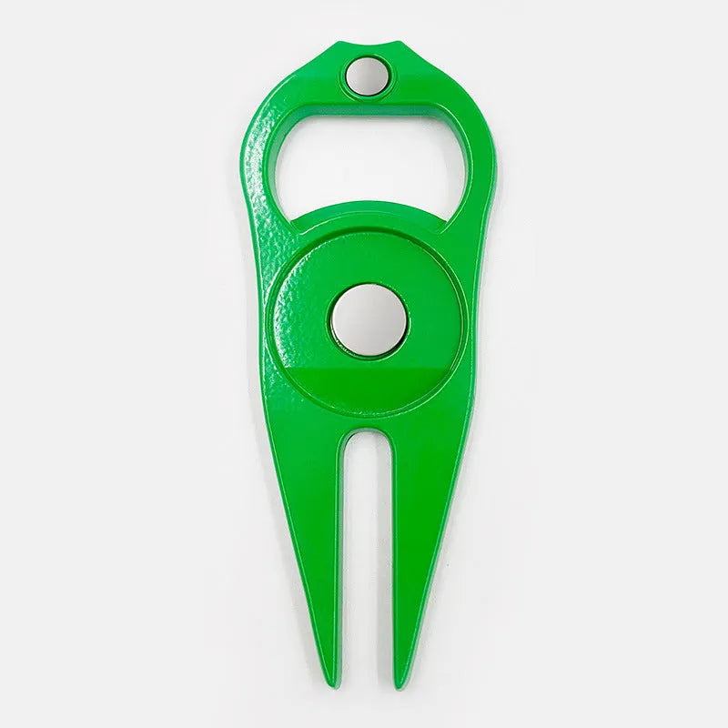 Golf ball fork bottle opener tool in zinc alloy with ball yoke and coin accessories