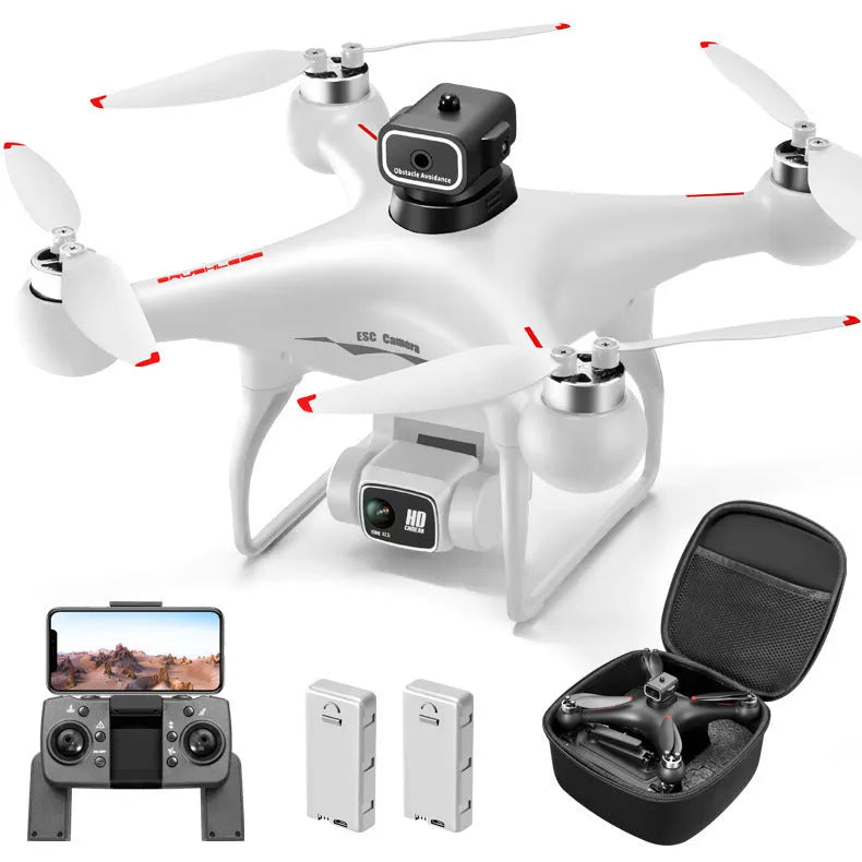 Black S116 brushless motor drone with four propellers and a camera, shown with its remote control.