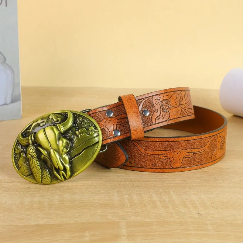 Men's belt with cow head alloy buckle in imitation leather with pin buckle fastening