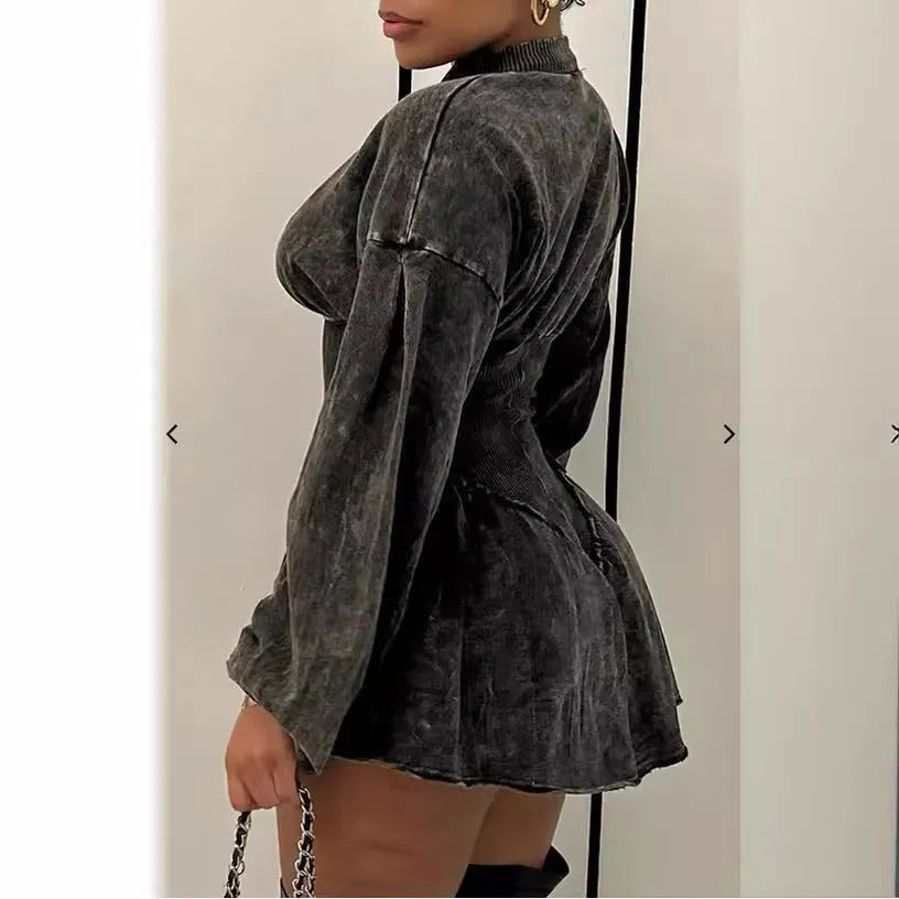 Gray digital print drawstring dress with long sleeves and A-line skirt in European street fashion style