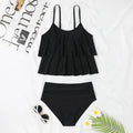 Women's black high-waist two-piece swimsuit with coconut tree print option, shown as a top and briefs set.