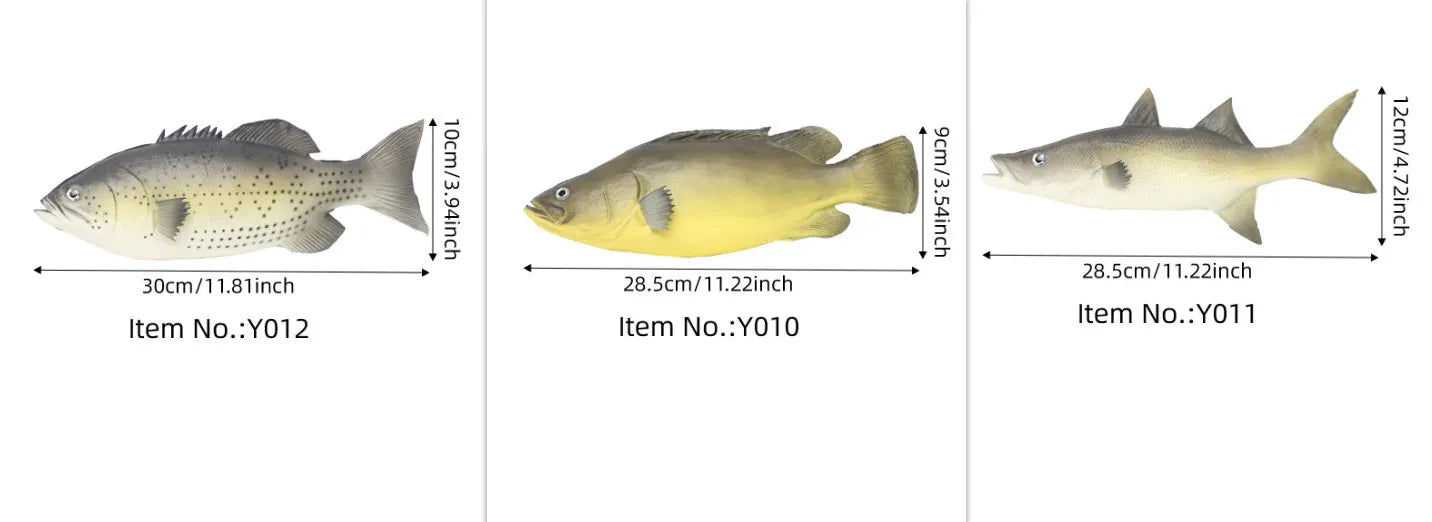 Set of three PU simulated fish ornaments: yellow-fin tuna, flower fish, small tuna, yellow croaker.